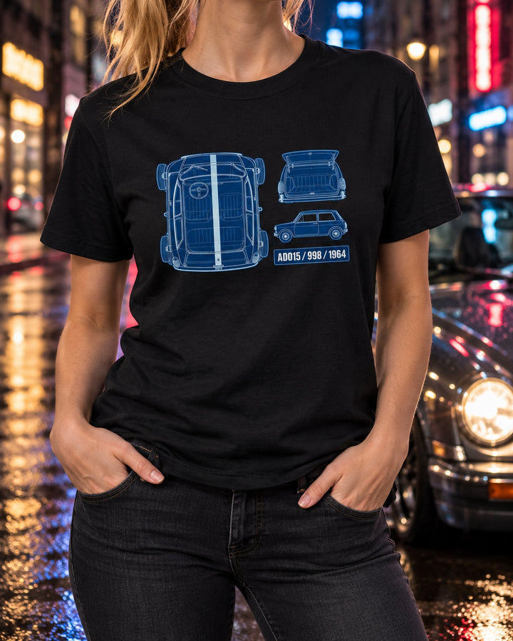 Mini Cooper Mk I ADO15 1964 Cyanotype Blueprint Shirt T-Shirt Black worn hero