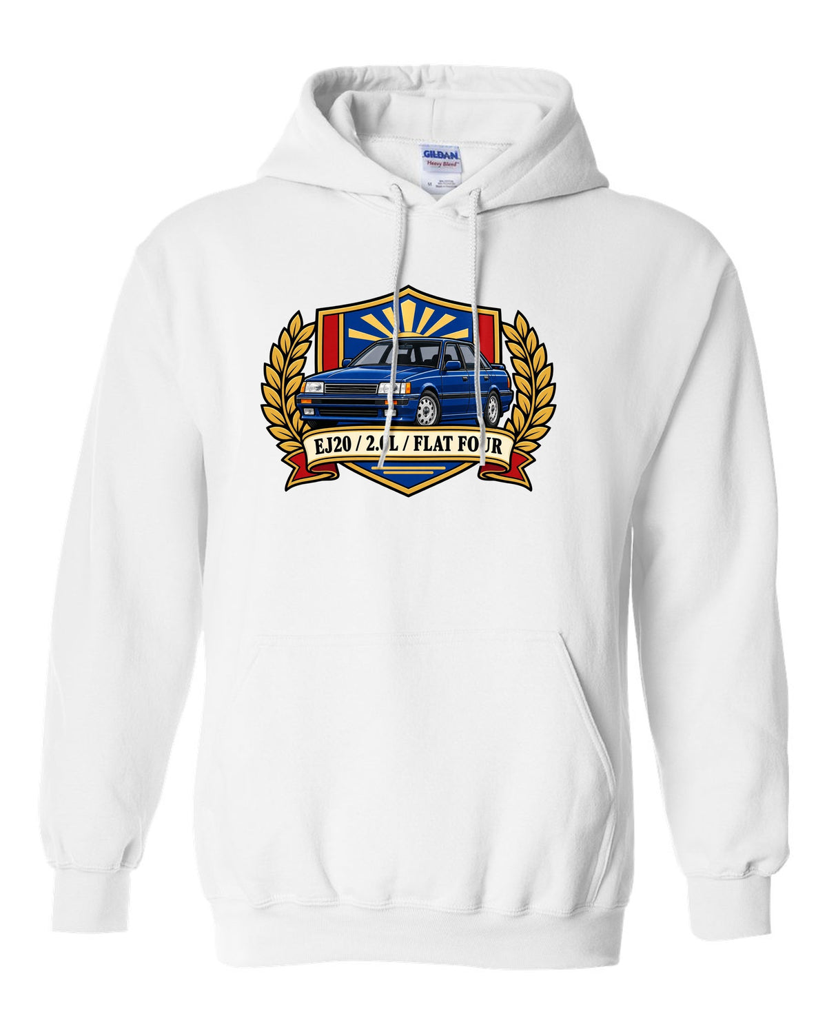 Shield crest design for a Subaru Legacy BC5 RS with EJ20 2.0L flat four text white pull over hoodie front view with the design