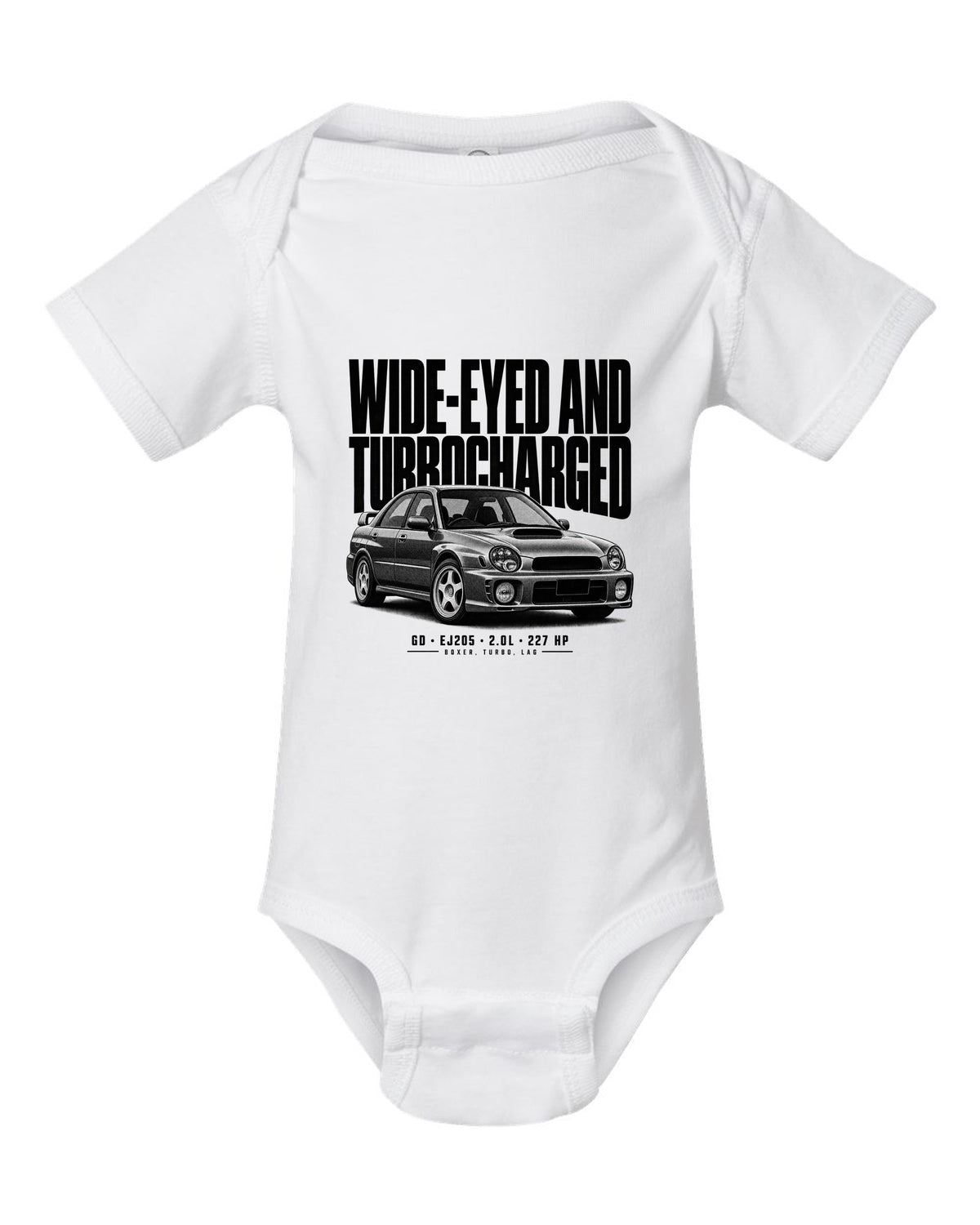 Halftone Subaru Impreza WRX GD Bugeye saloon with wide-eyed and turbocharged text white baby onesie front view with the design