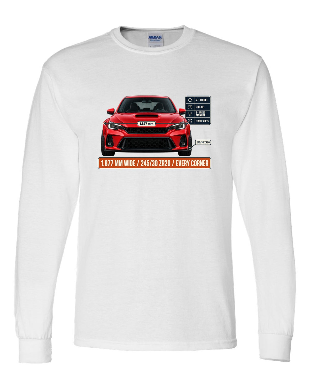 Front elevation of a Rallye Red Honda Civic Type R FK8 on a spec poster print white long sleeve front view with the design