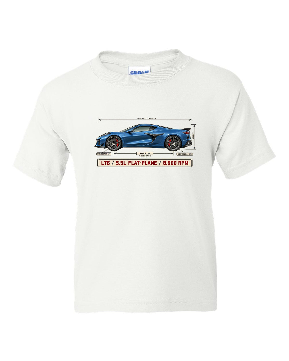 Dimension blueprint print of a Chevrolet Corvette C8 Z06 with LT6 5.5L flat-plane text white kids tee front view with the design