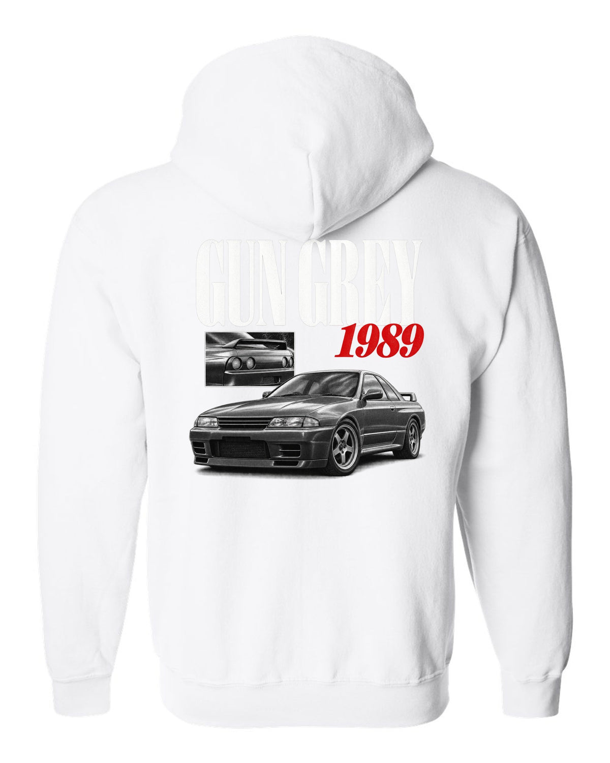Editorial headline print of a Nissan Skyline GT-R R32 BNR32 in Gun Grey with 1989 text white zip hoodie back view with the design