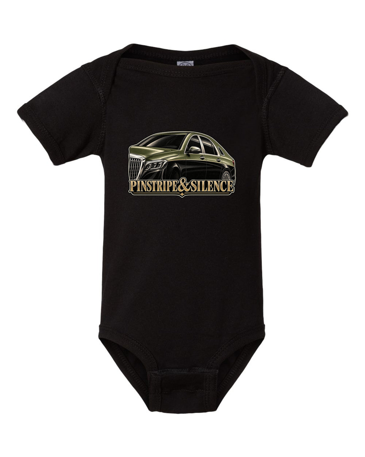 Duotone screenprint of a two-tone Mercedes-Maybach S-Class W222 with Pinstripe and Silence text black baby onesie front view with the design