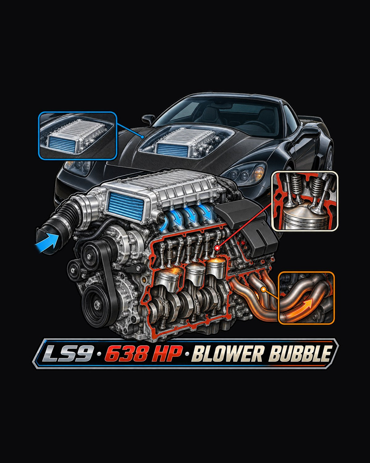2009 Corvette C6 ZR1 LS9 Supercharger Cutaway Shirt, 638 HP design only