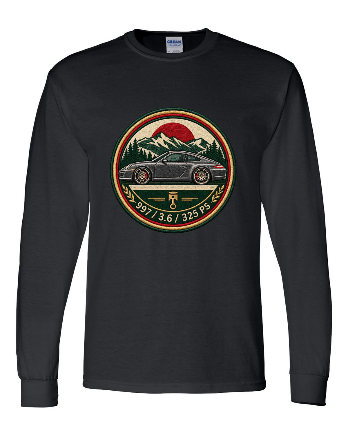 Round crest print of a Porsche 911 996 with the text 996, 3.4 and 300 PS black long sleeve front view with the design