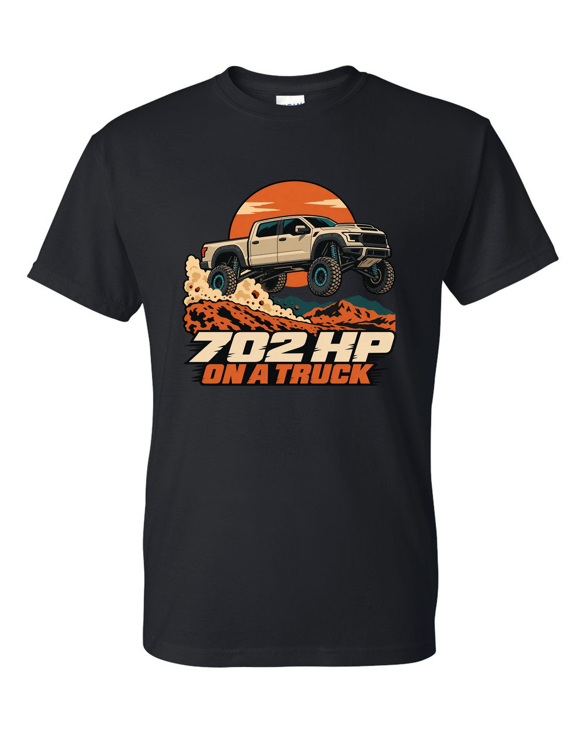 Vector poster print of a Ram 1500 TRX jumping a dune with the text 702 HP black t-shirt front view with the design