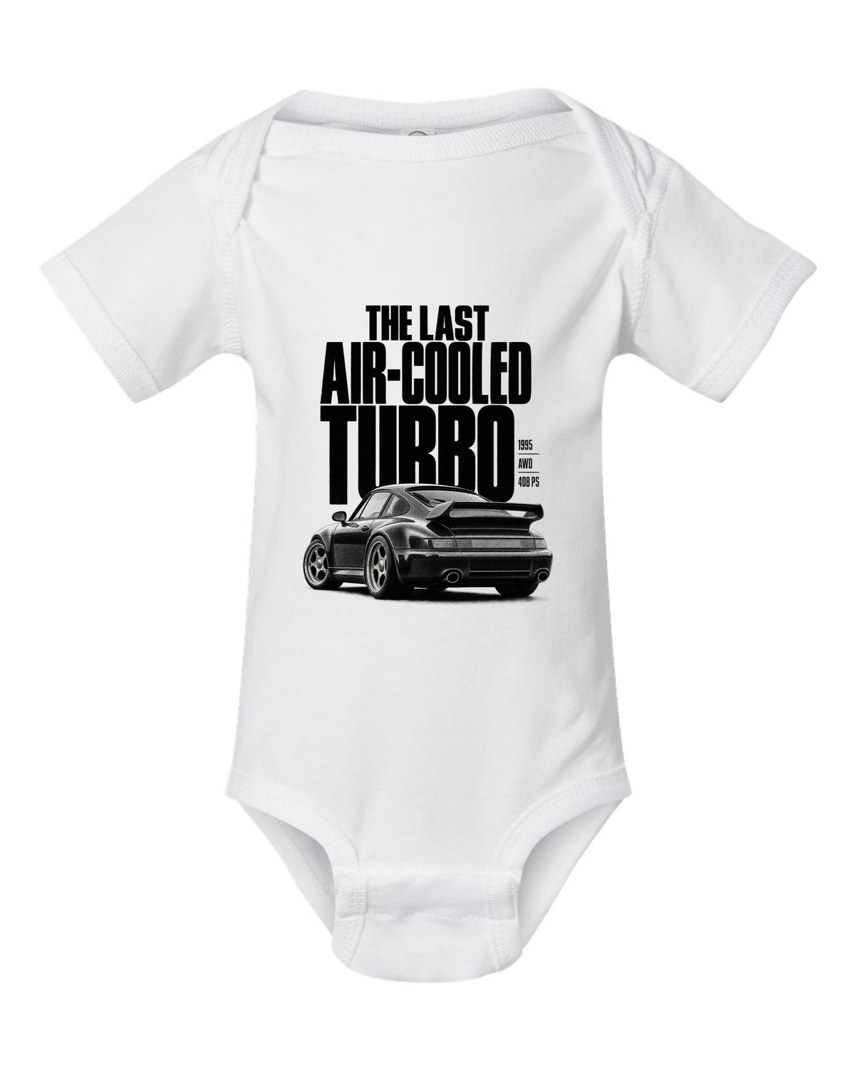Halftone print of the Porsche 911 Turbo (993) with the line The Last Air-Cooled Turbo white baby onesie front view with the design