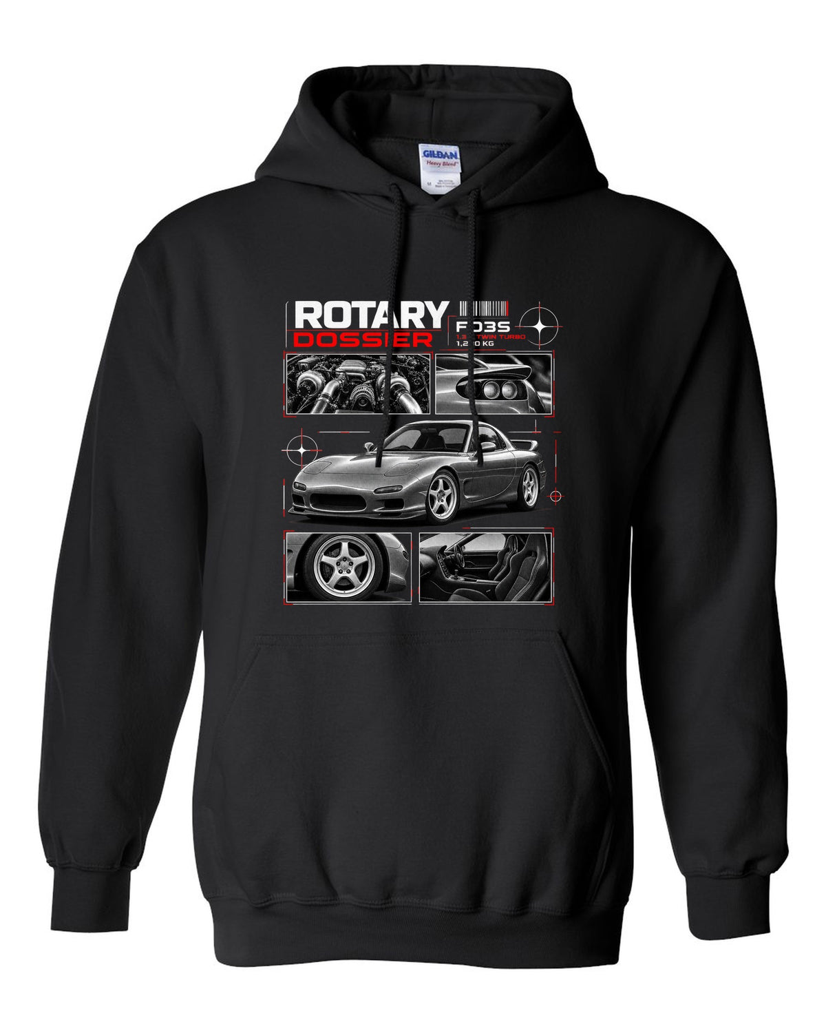 Dossier print of a Mazda RX-7 FD3S front three-quarter with detail panels black pull over hoodie front view with the design