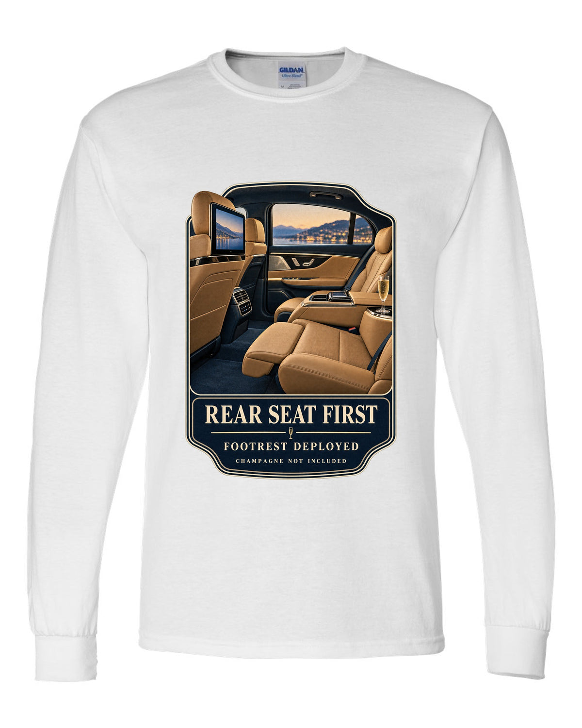 print of the Mercedes-Maybach S680 rear executive cabin with footrest deployed white long sleeve front view with the design