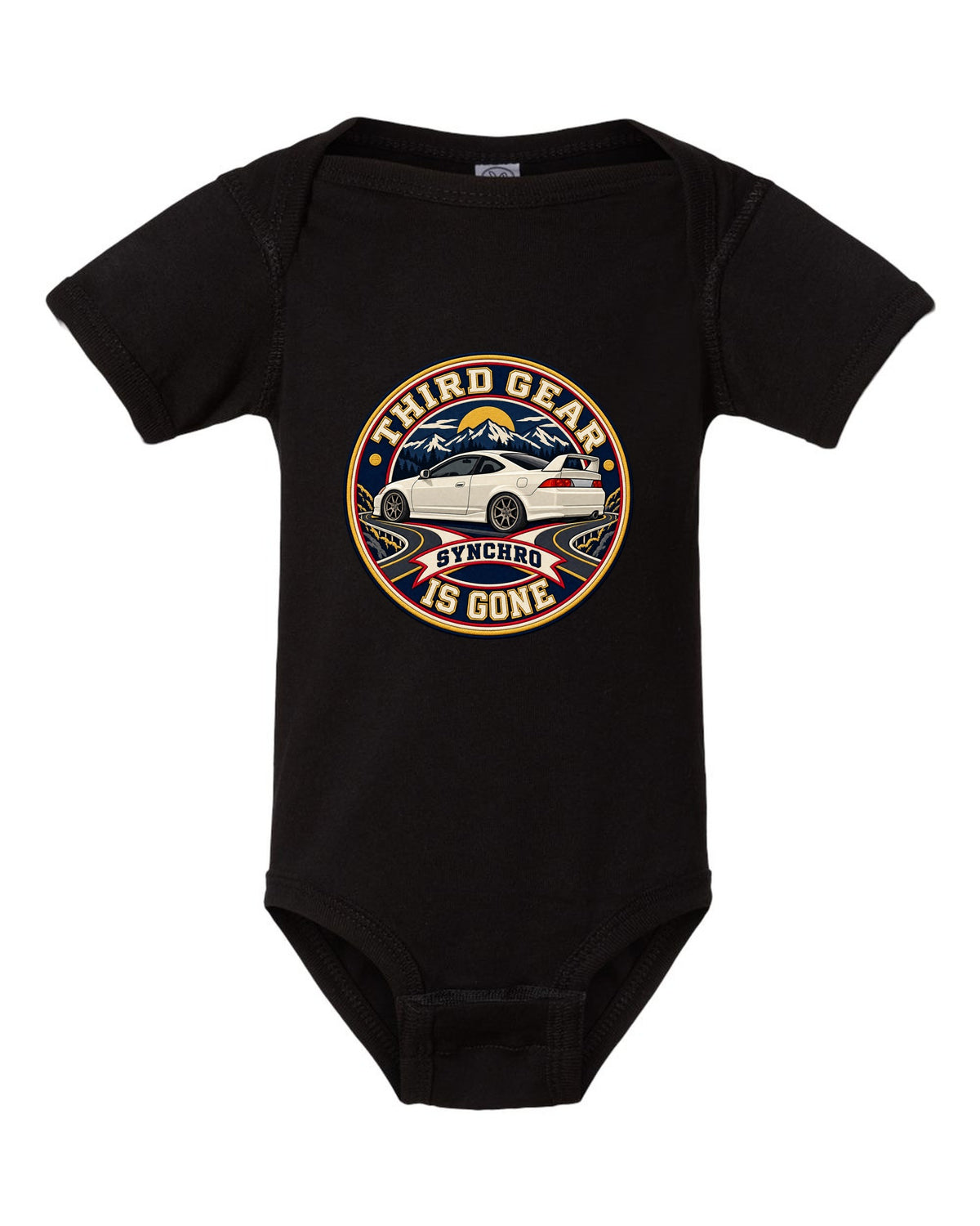 Embroidery patch style print of a 2002 Honda Integra DC5 ch with third gear synchro text black baby onesie front view with the design