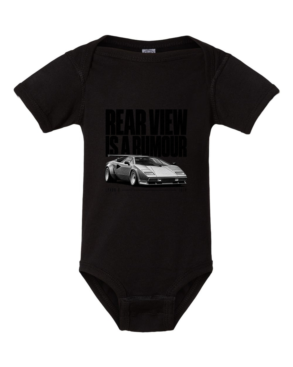 Halftone print of a Lamborghini Countach LP400 S with rear wing and rear view is a rumour text black baby onesie front view with the design