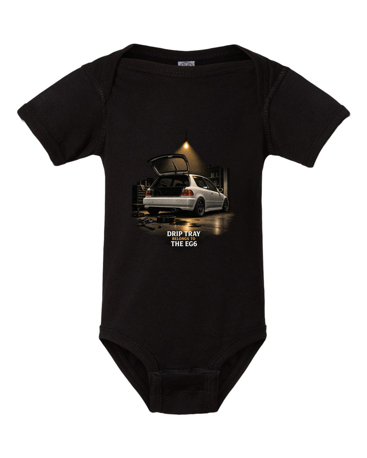 Garage night print of a 1993 Honda Civic EG6 SiR chback with drip tray text black baby onesie front view with the design