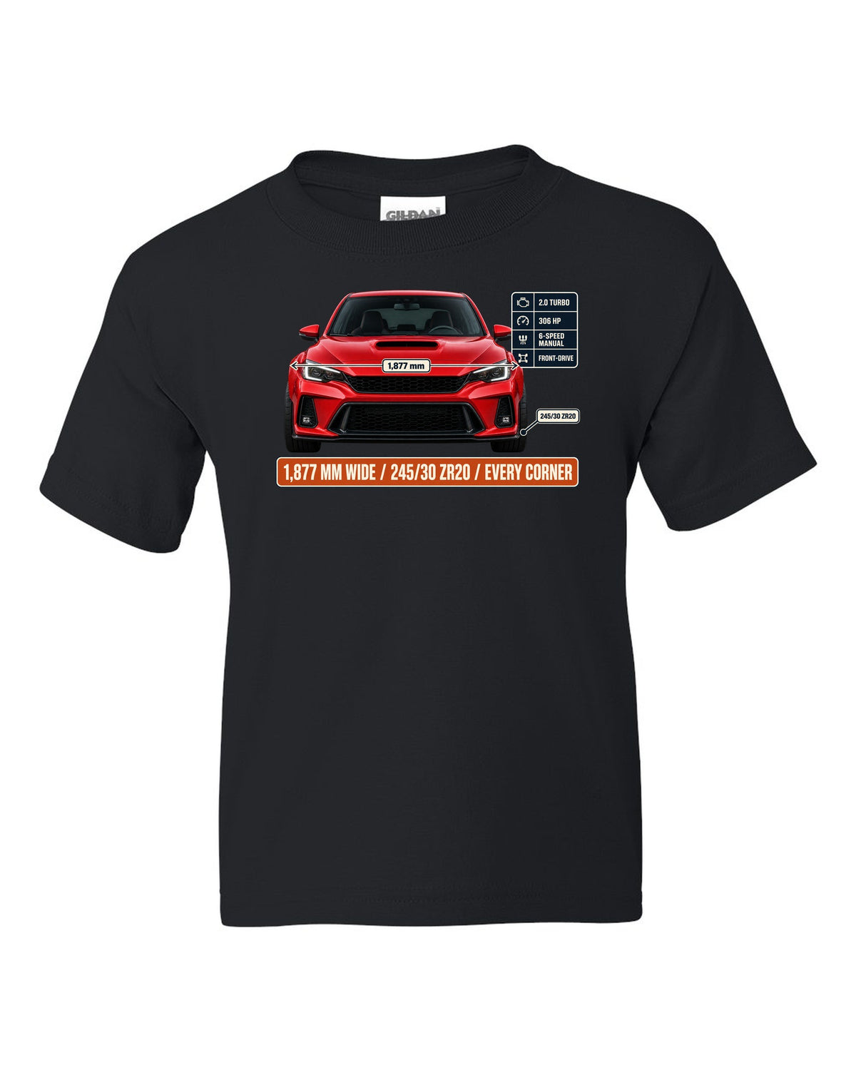 Front elevation of a Rallye Red Honda Civic Type R FK8 on a spec poster print black kids tee front view with the design