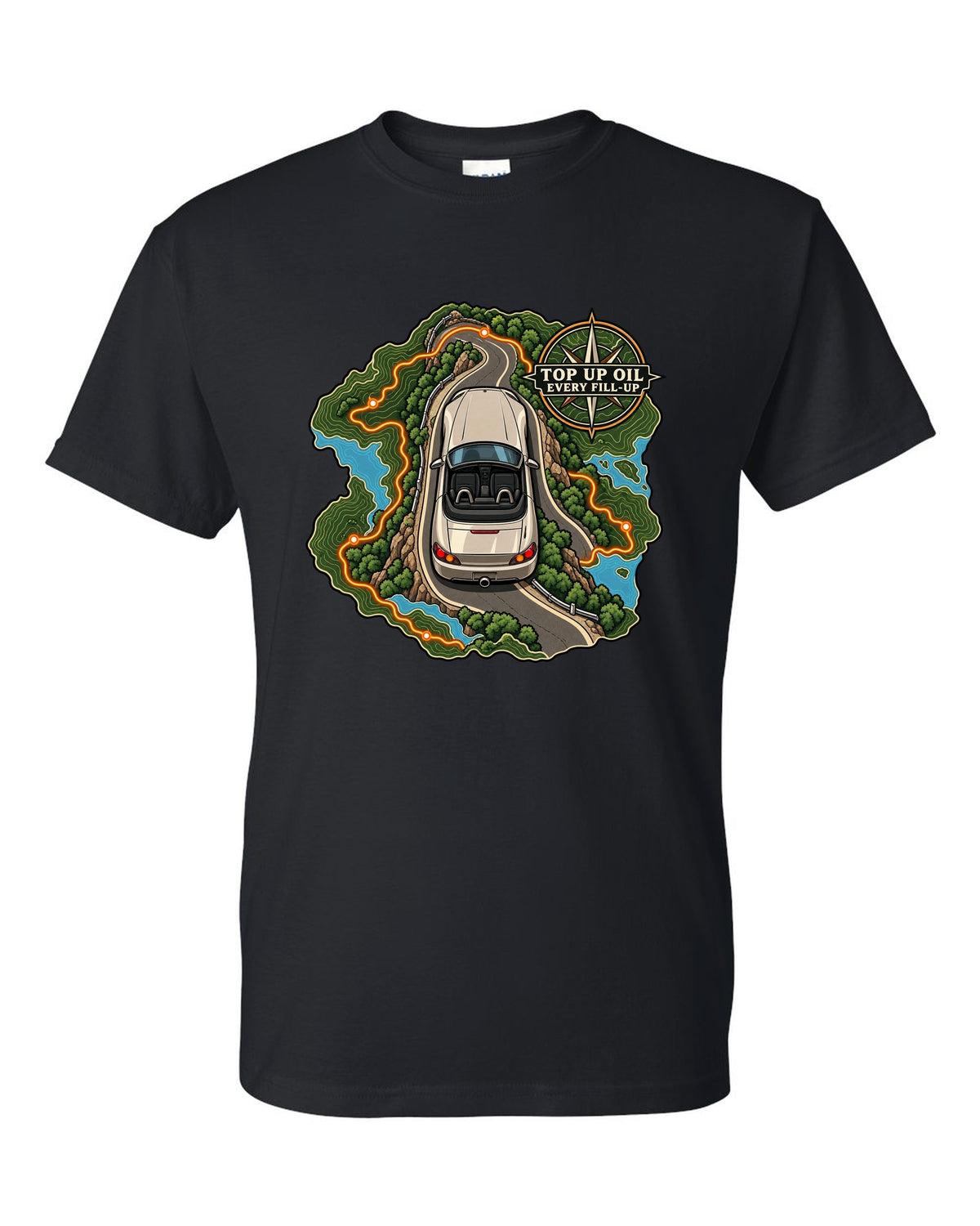 Topographic route map print of a 1999 Honda S2000 AP1 roadster with top up oil text black t-shirt front view with the design