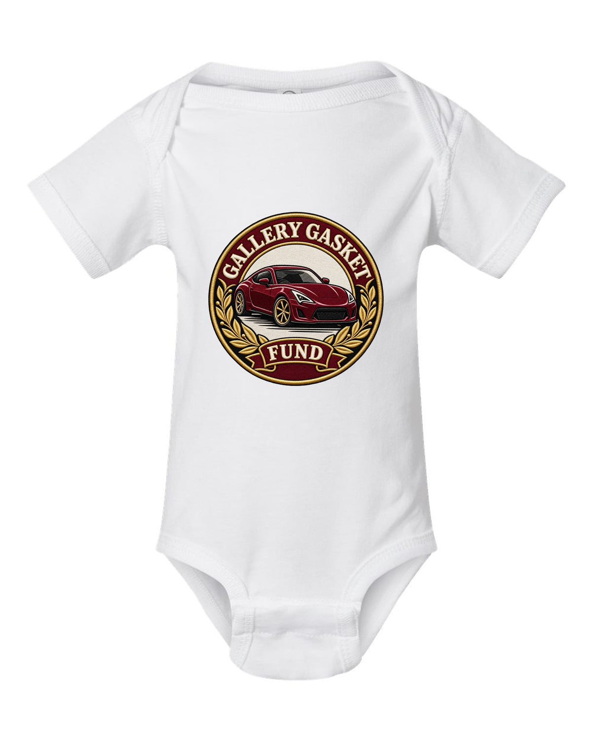 Round crest print for a Nissan 350Z Z33 with gallery gasket fund text white baby onesie front view with the design