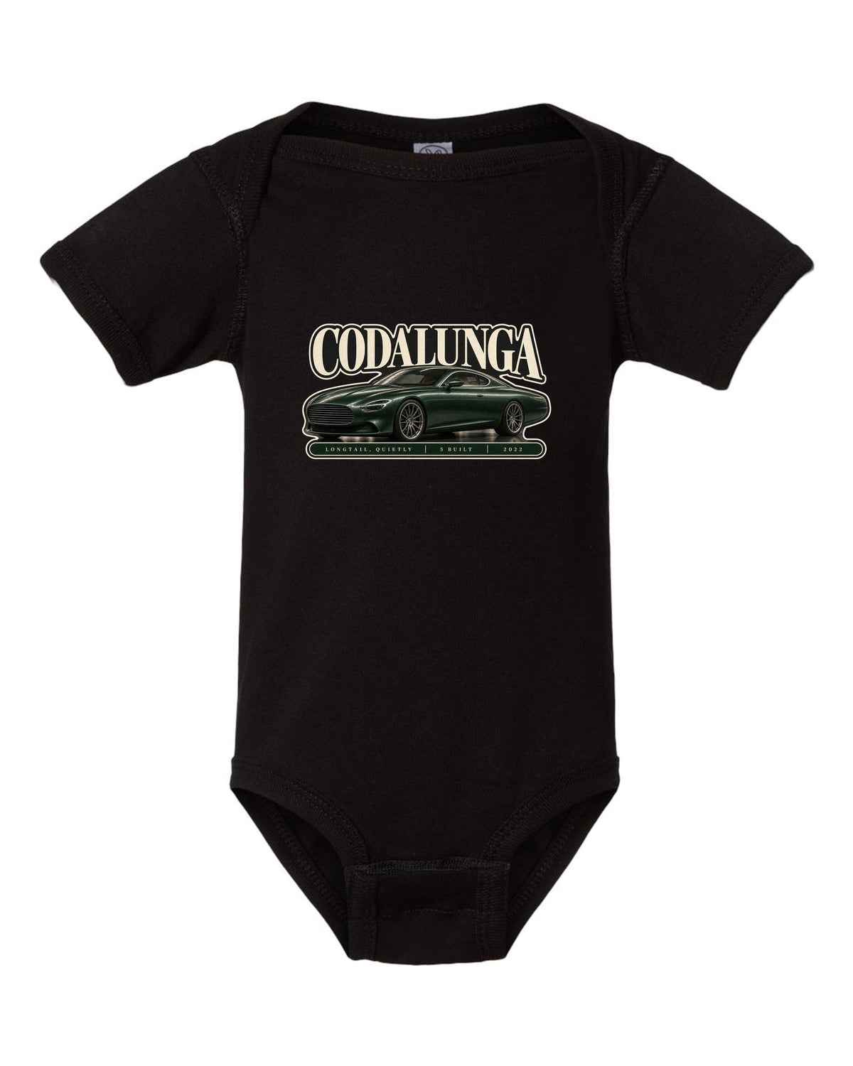 Editorial headline print of the Pagani Huayra Codalunga with the text Codalunga, longtail, quietly, 5 built, 2022 black baby onesie front view with the design