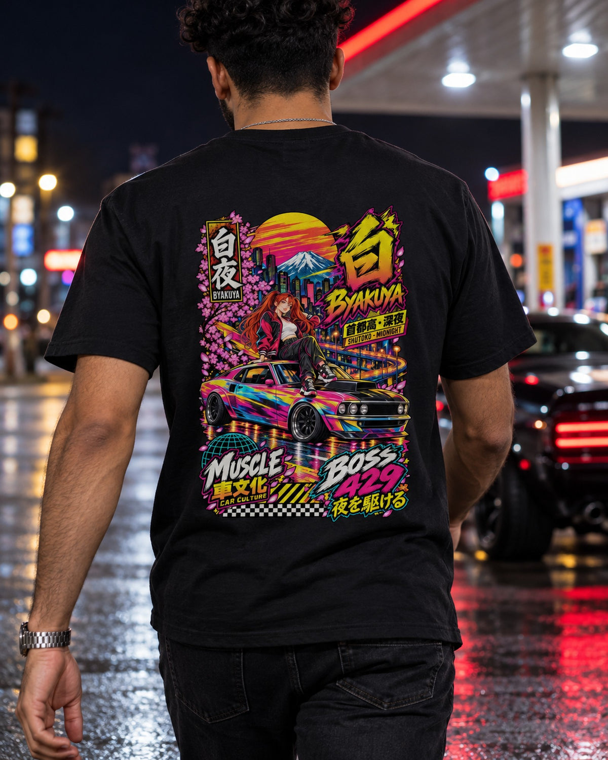 BYAKUYA BOSS 429 Anime Girl Full-Back Graphic Tee T-Shirt Black worn hero