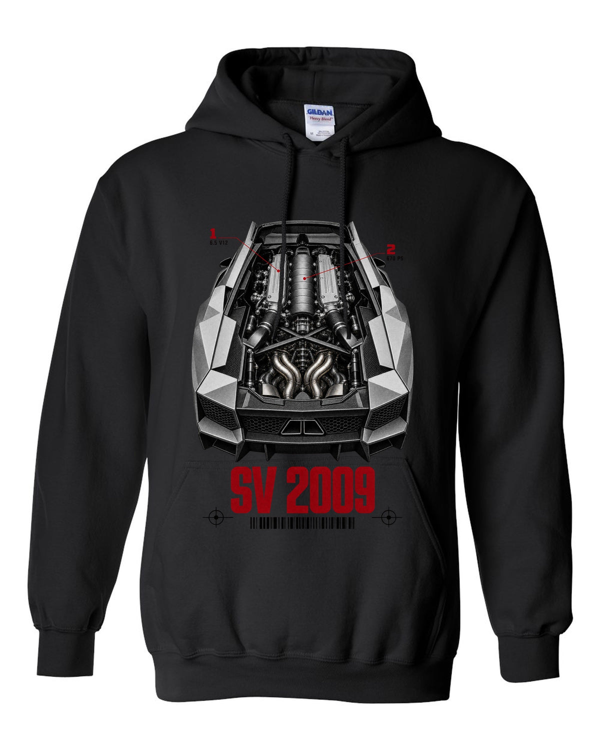Engine hero print of a Lamborghini Murcielago LP670-4 SV with 6.5 V12 and 670 PS callouts black pull over hoodie front view with the design