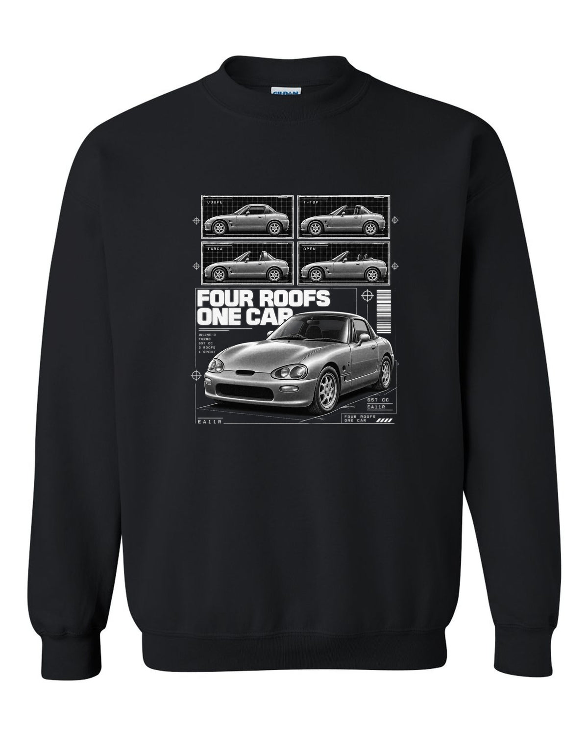 Dossier panel print of a Suzuki Cappuccino EA11R kei roadster black crewneck front view with the design