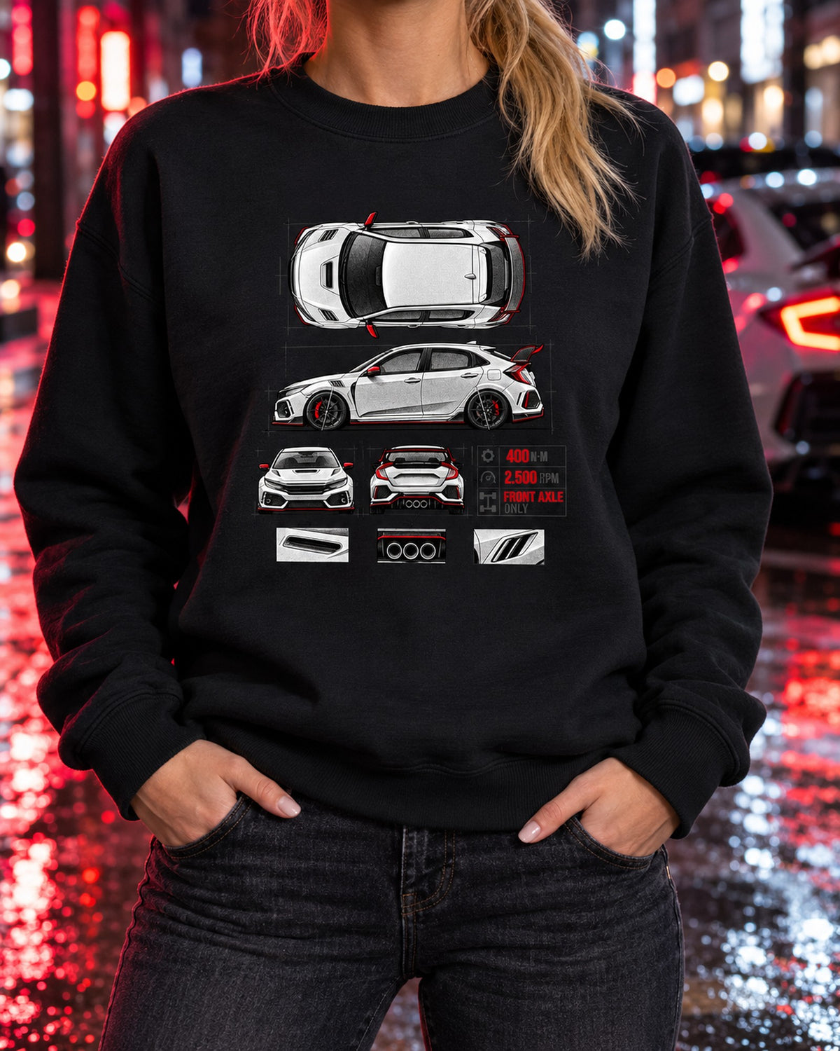 Honda Civic FK8 Type R Three Pipes Spec Poster Shirt, 2018 Crewneck Black worn hero