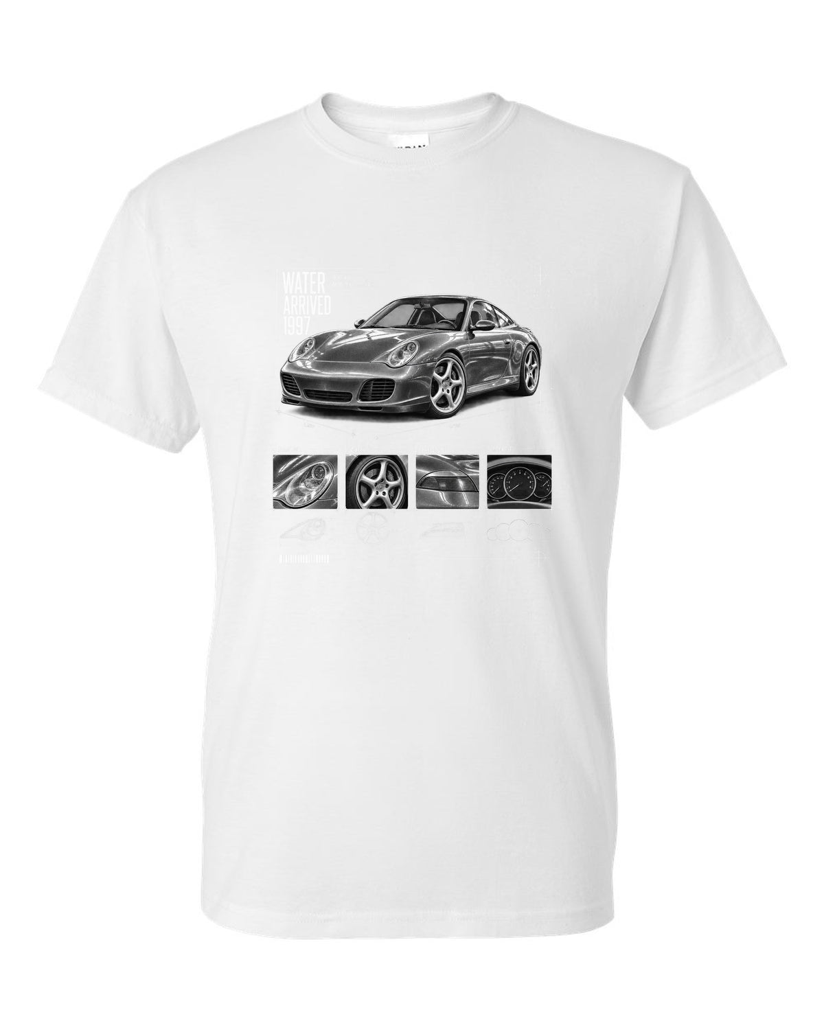 Dossier panel print of a Porsche 911 Carrera 4S (996) with the heading Water Arrived 1997 white t-shirt front view with the design