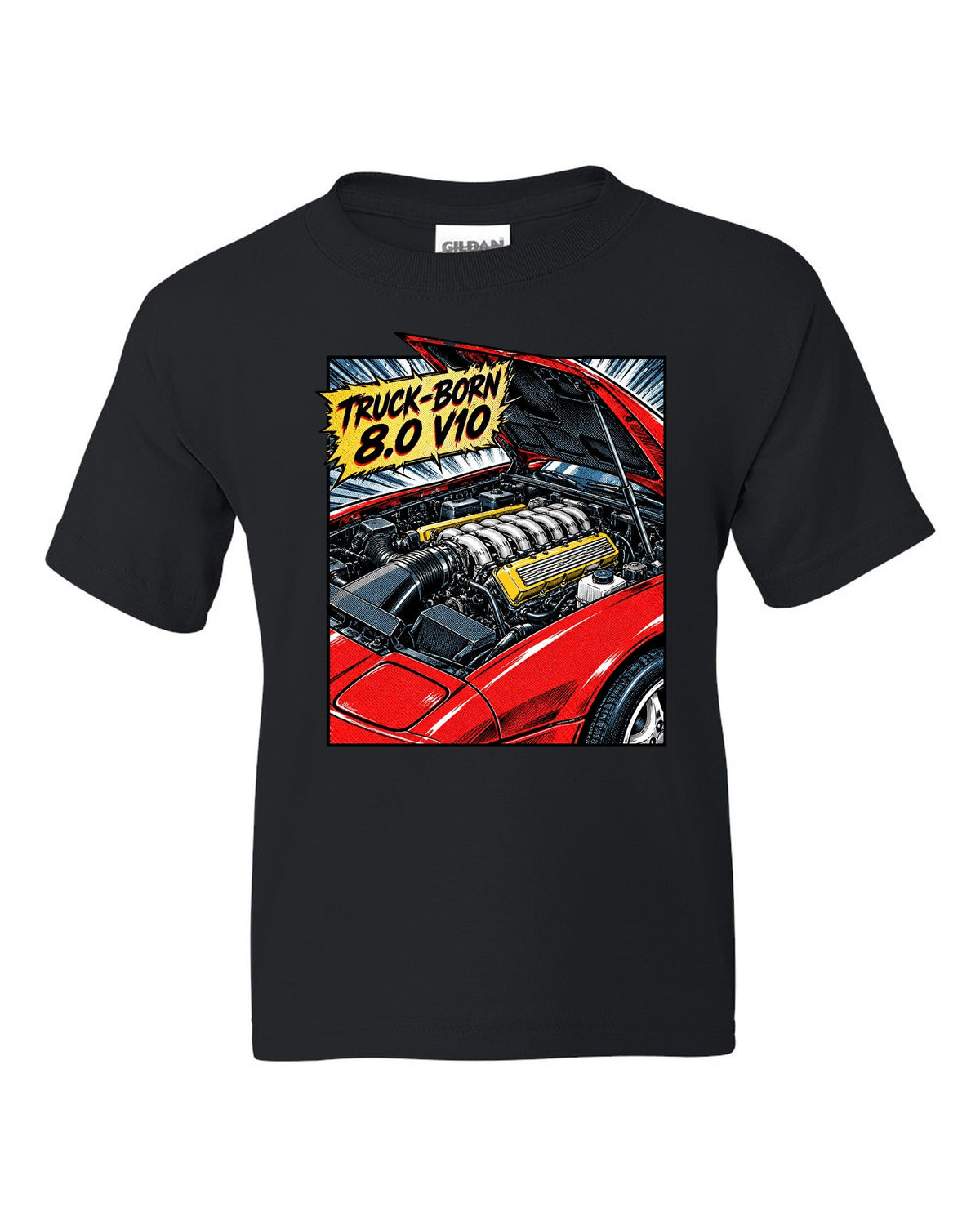 Retro manga halftone panel of a 1993 Dodge Viper RT/10 SR I with 8.0 V10 caption black kids tee front view with the design