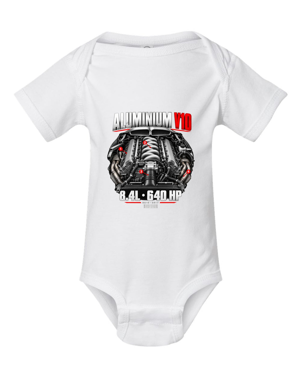 Dodge Viper VX aluminium V10 engine hero print with 8.4L and 640 HP lettering white baby onesie front view with the design