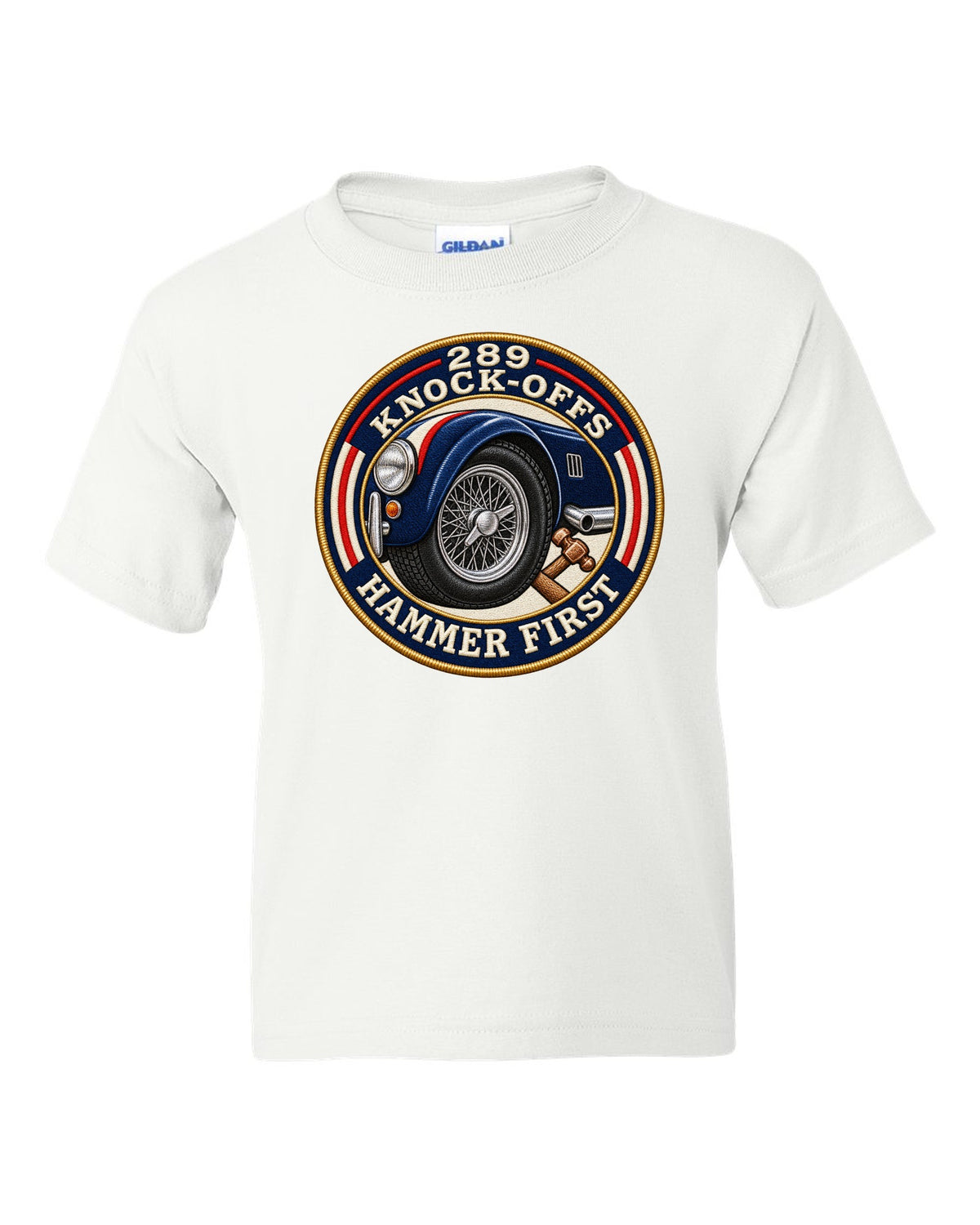 Embroidered-patch style crest print for a Shelby Cobra 289 with Knock-Offs lettering white kids tee front view with the design
