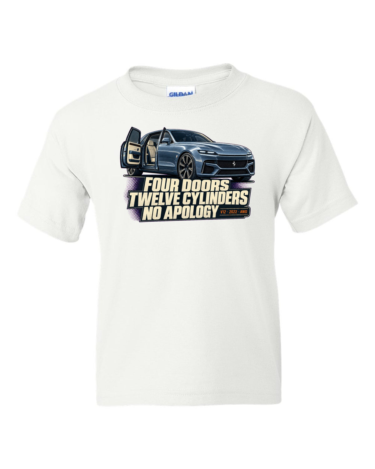 Editorial headline print of the Ferrari Purosangue on a tee white kids tee front view with the design