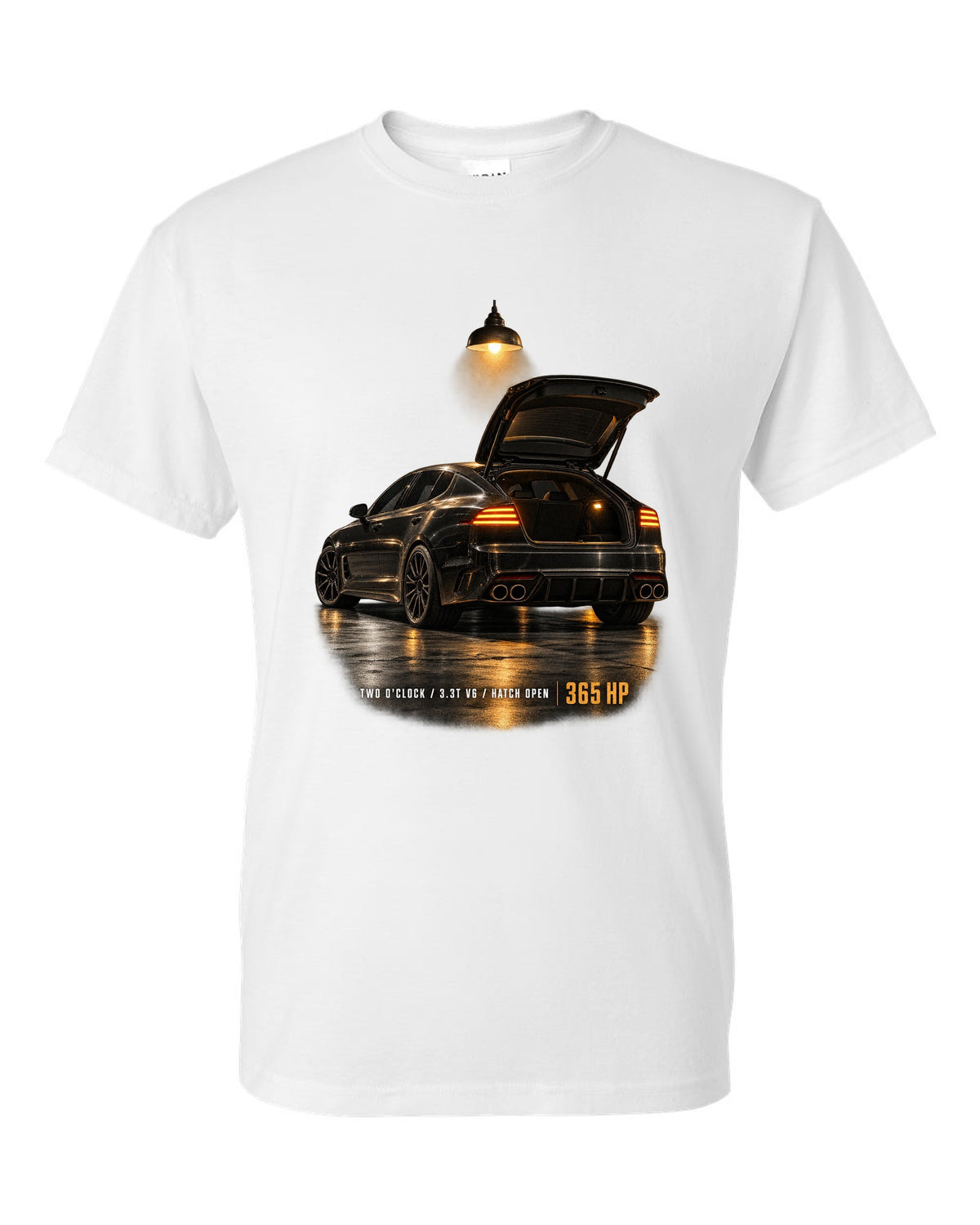 Kia Stinger GT CK garage night print with ch open and 3.3T V6 text white t-shirt front view with the design