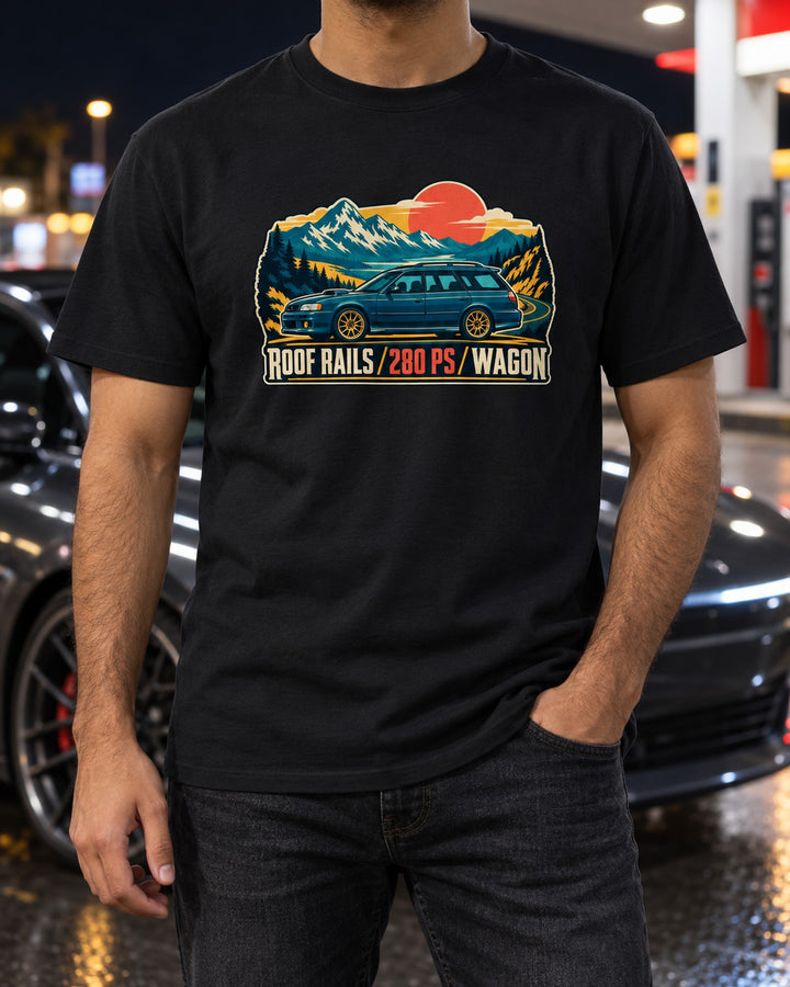 Subaru Legacy BH5 GT-B Wagon Mid-Century Travel Poster Tee T-Shirt Black worn hero