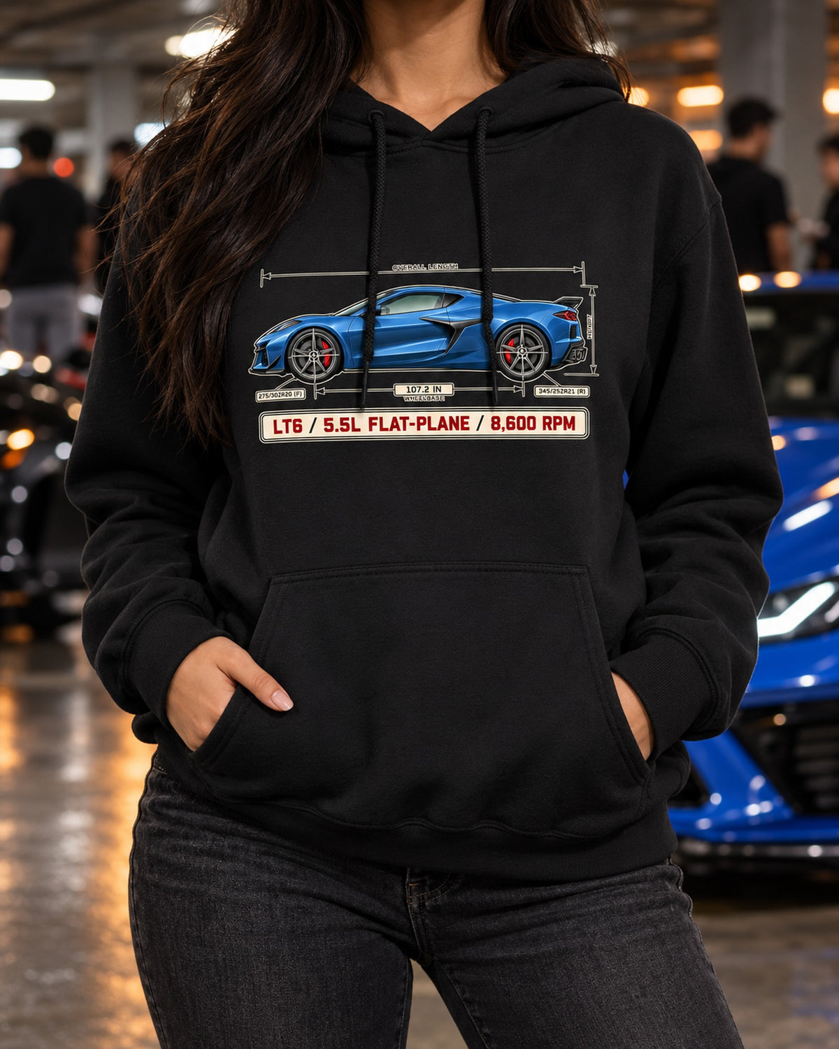 Corvette C8 Z06 LT6 Blueprint Tee, Flat-Plane V8 Car Shirt Pull Over Hoodie Black worn hero