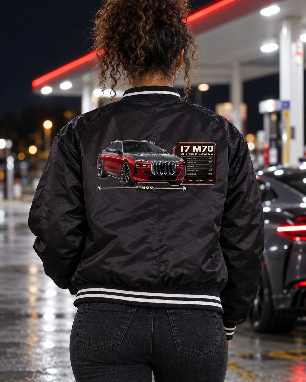BMW i7 M70 xDrive G70 Spec Poster Shirt, 650 PS Print Bomber Jacket Black worn hero