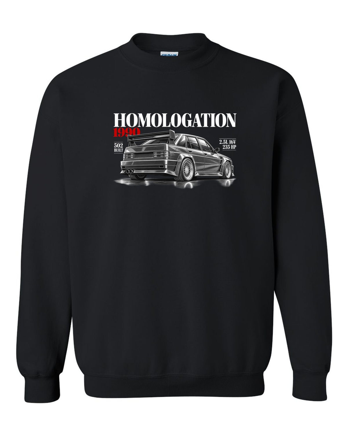 print editorial headline of a Mercedes 190E 2.5-16 Evolution II W201 with homologation 1990 502 built black crewneck front view with the design