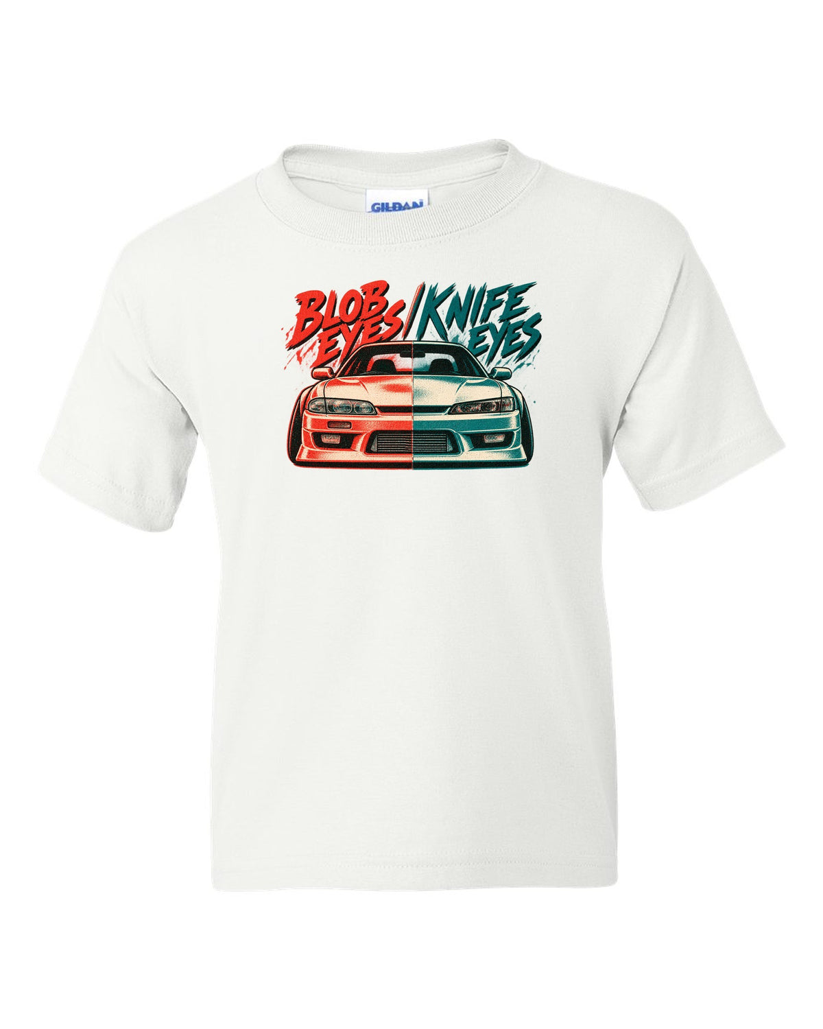 Risograph two-colour print comparing Nissan Silvia S14 zenki and kouki front ends white kids tee front view with the design