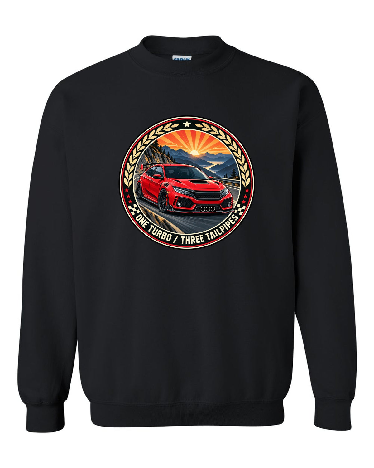 Original crest layout print for the Honda Civic Type R FK8 with one turbo three tailpipes text black crewneck front view with the design