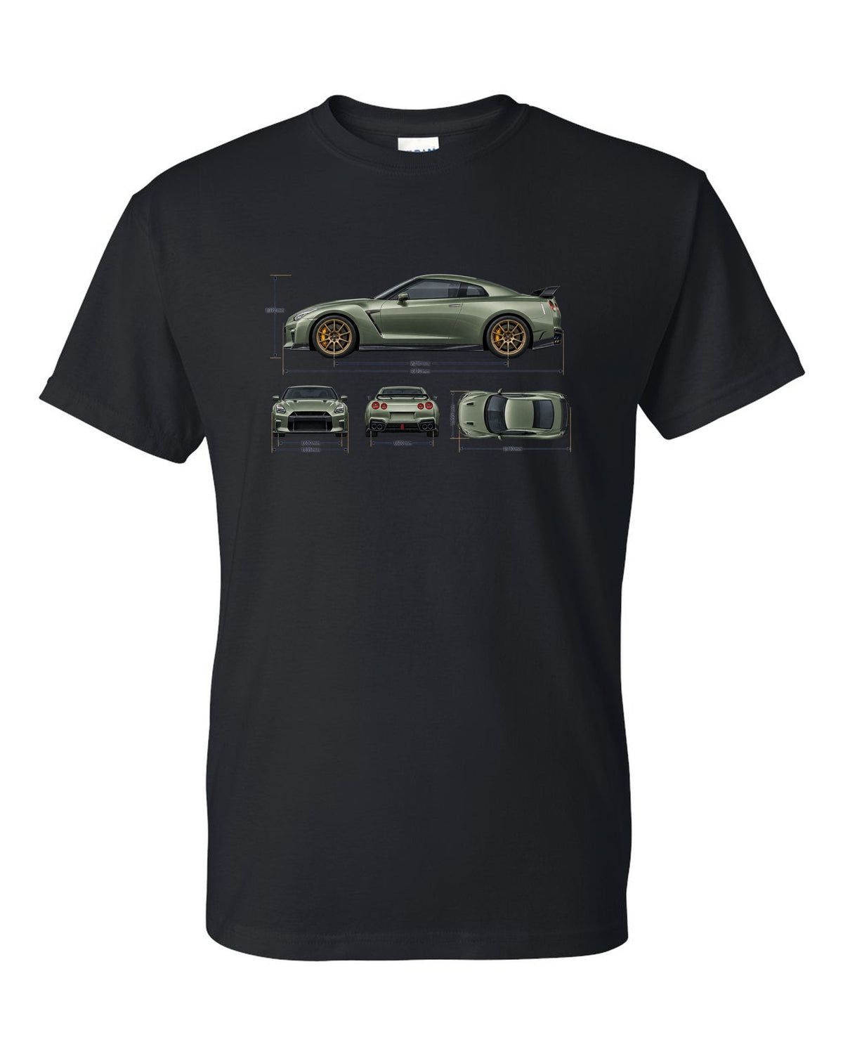 Nissan GT-R R35 rear three-quarter in red halftone showing four round taillights black t-shirt front view with the design