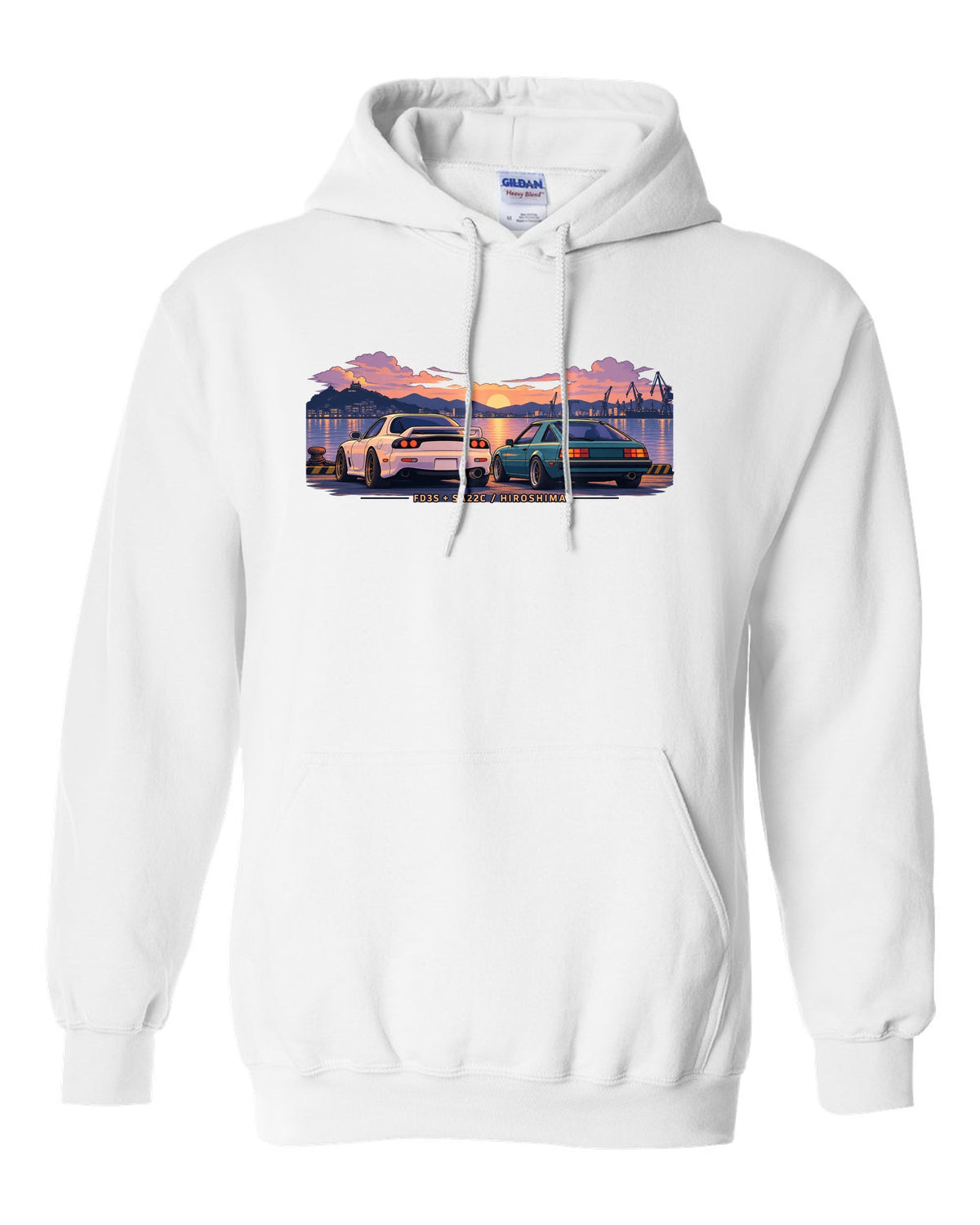 Ukiyo-e woodblock illustration of a Mazda RX-7 FD3S on a touge hairpin with 50/50 / 1280 KG lettering white pull over hoodie front view with the design
