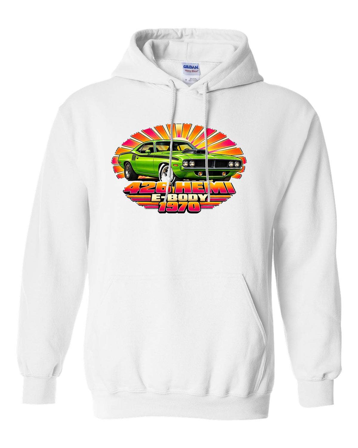 1970 Plymouth Hemi Cuda E-body 70s airbrush sunburst print with 426 Hemi text white pull over hoodie front view with the design