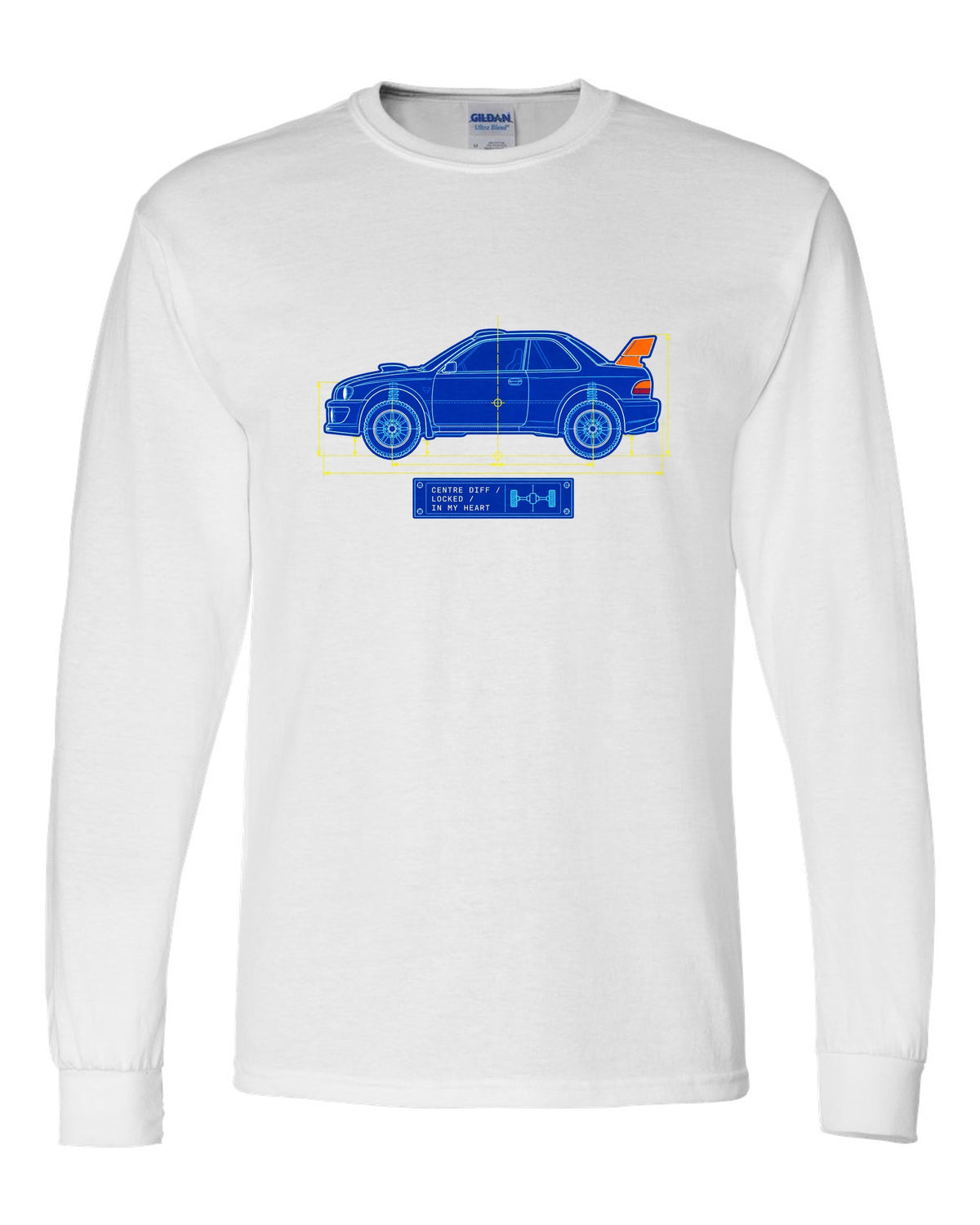 Blueprint line art of a Toyota Celica GT-Four ST185 with centre diff lettering white long sleeve front view with the design