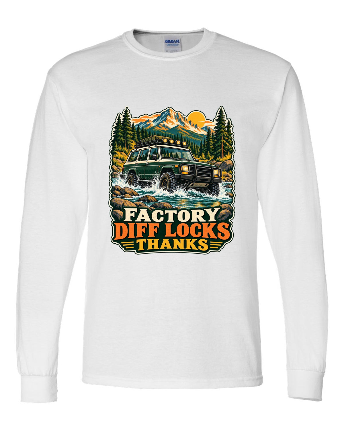 Retro national park poster of a Toyota Land Cruiser FZJ80 crossing a river with diff locks lettering white long sleeve front view with the design