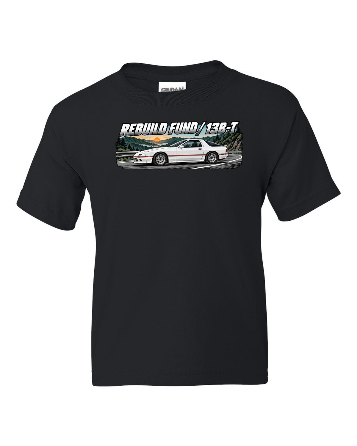 Retro manga ink and screentone illustration of a Mazda RX-7 FC3S black kids tee front view with the design