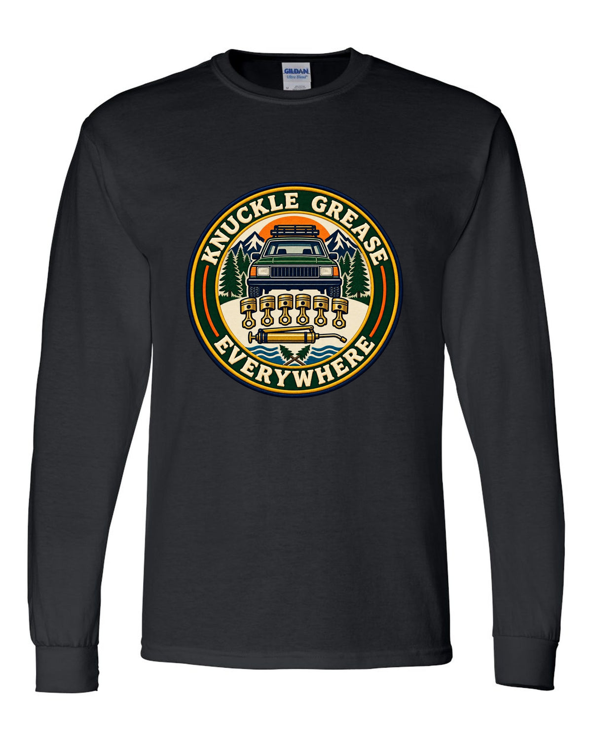 Badge crest of a Toyota Land Cruiser FZJ80 inline-six with Knuckle Grease Everywhere lettering black long sleeve front view with the design