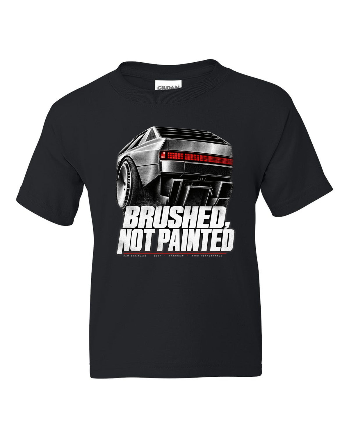 Hyundai N Vision 74 rear three-quarter macro print of pixel taillights black kids tee front view with the design