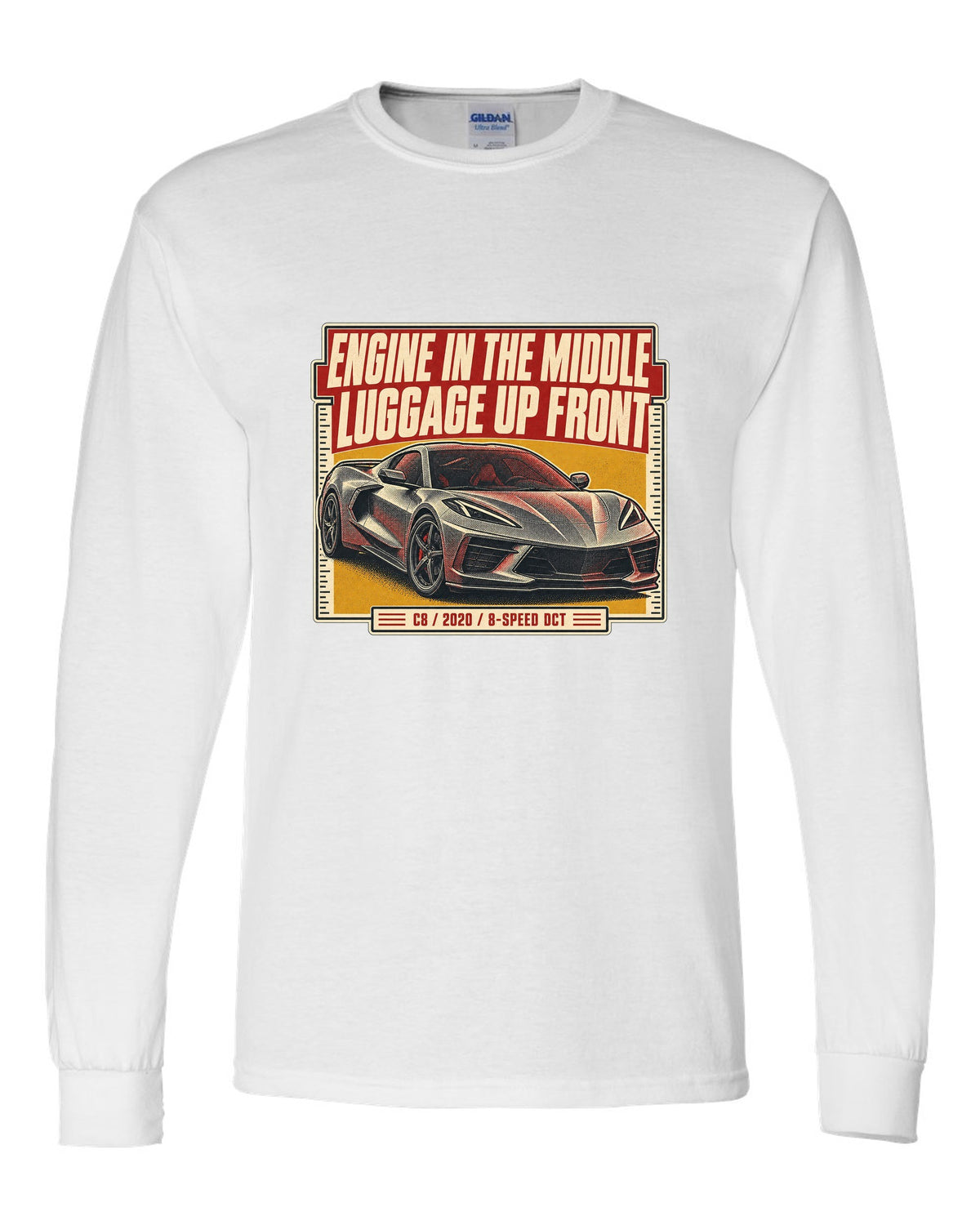 Halftone print of a Chevrolet Corvette C8 Stingray with engine in the middle text white long sleeve front view with the design