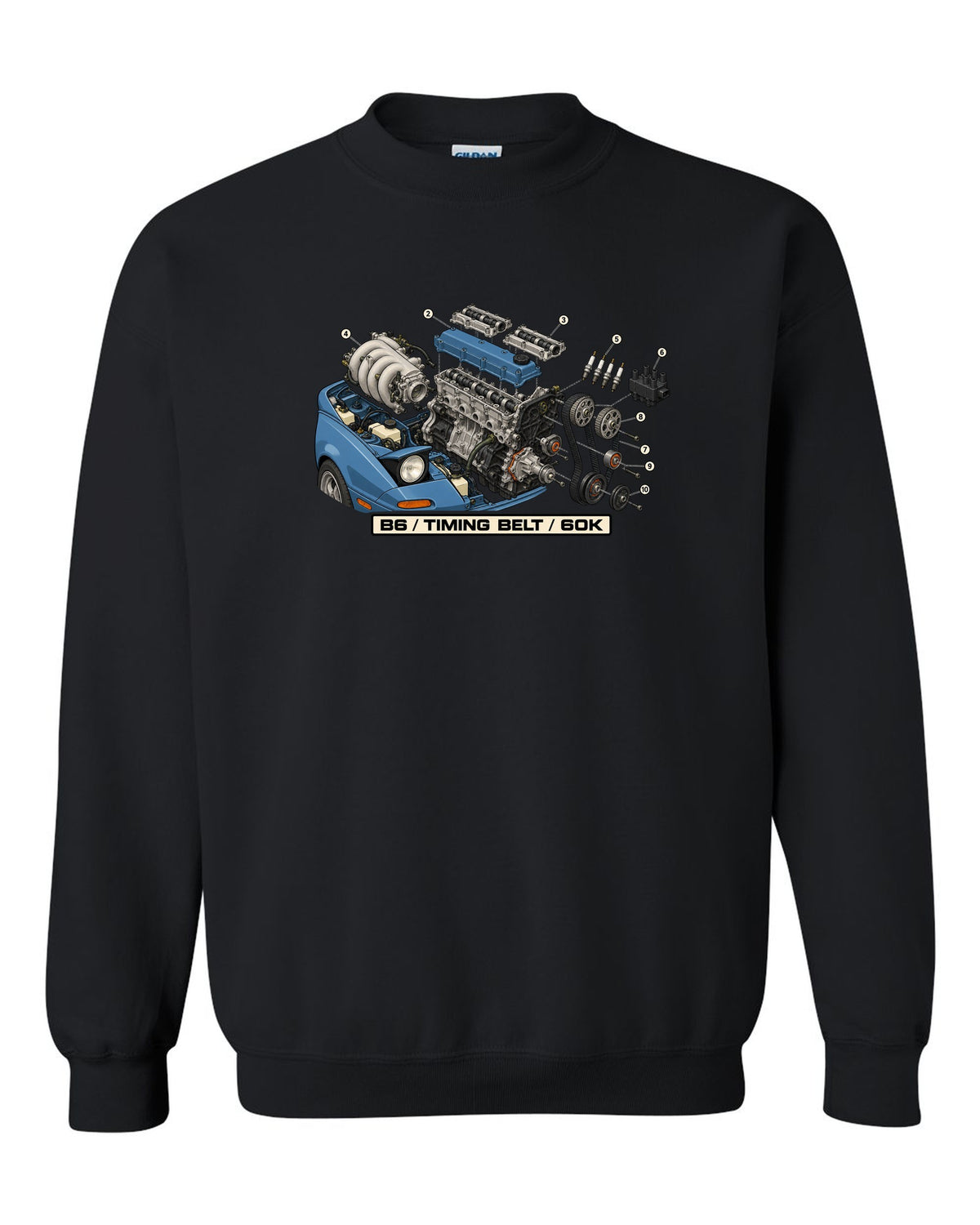 Exploded engine diagram print of a Mazda MX-5 NA B6 1.6L with timing belt 60K text black crewneck front view with the design