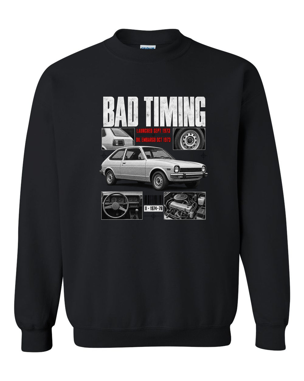 Dossier panel illustration of a 1974 Ford Mustang II chback with bad timing lettering black crewneck front view with the design