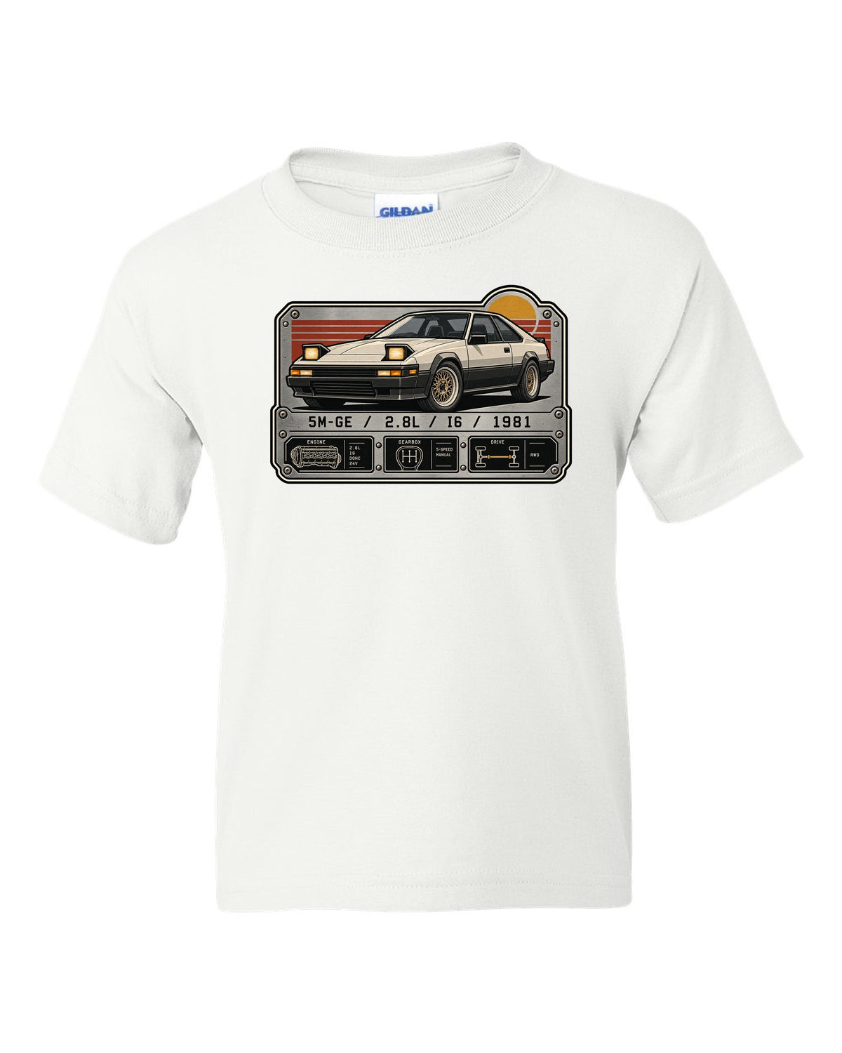 Spec-sheet data plate for the Toyota Supra A60 MA61 5M-GE 2.8L inline six white kids tee front view with the design