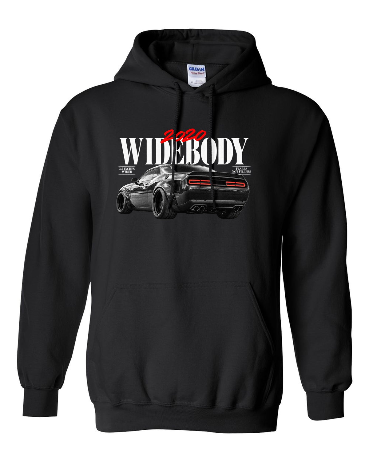 Editorial headline print of a 2020 Dodge Challenger Scat Pack Widebody with 3.5 inches wider text black pull over hoodie front view with the design