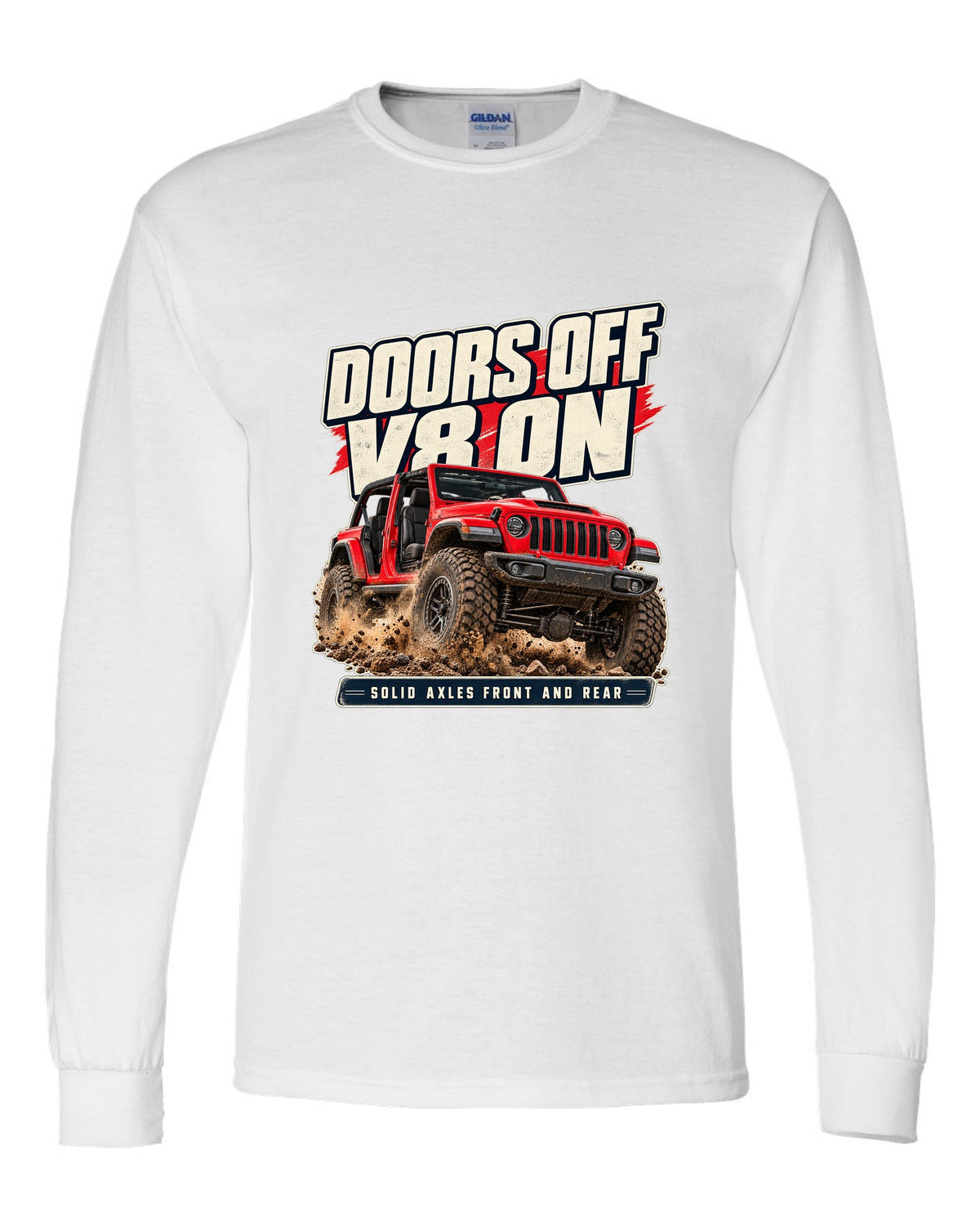 Editorial headline print for the Jeep Rubicon 392 about doors off and a V8 white long sleeve front view with the design